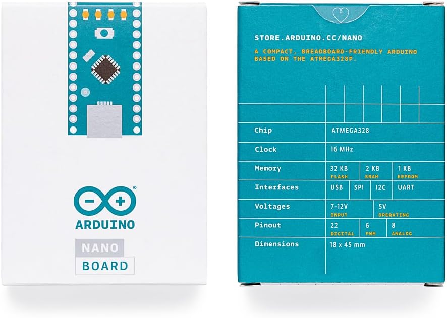 Arduino Nano [A000005] - Compact ATmega328P Microcontroller with 22 Digital I/O Pins, 8 Analog Inputs, USB Connectivity, and Arduino IDE Compatibility for Prototyping and DIY Projects