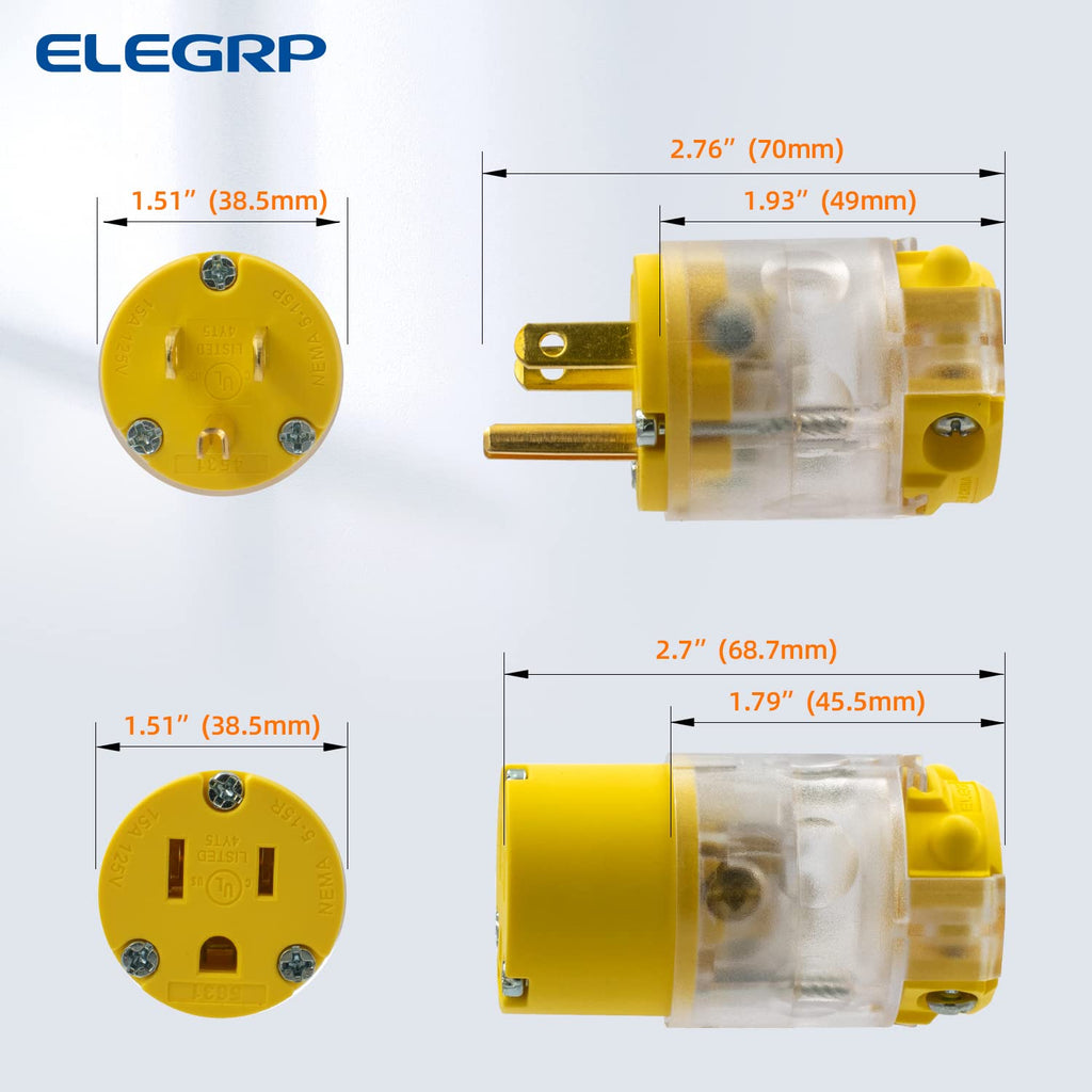 Lighted Straight Blade Electrical Plug and Connector Set 15 Amp 125 Volt NEMA 5-15P NEMA 5-15R 2 Pole 3 Wire