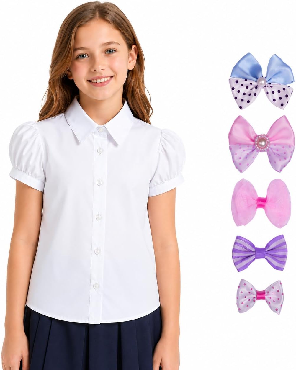 Wrinkle-Free White Girls Blouse: School Uniform 5 Bow Ties Shirt | Ages 6-13, students, classroom days, picture day