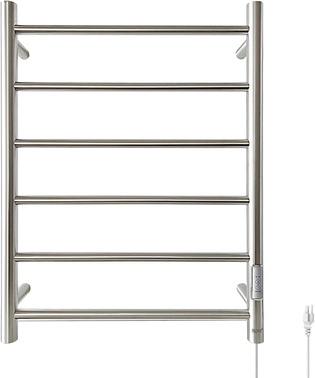 6 Bar Towel Warmer for Bathroom, Wall Mounted Heated Towel Rack, Nickel | Built-in 2/4H Timer, IPX4 Waterproof