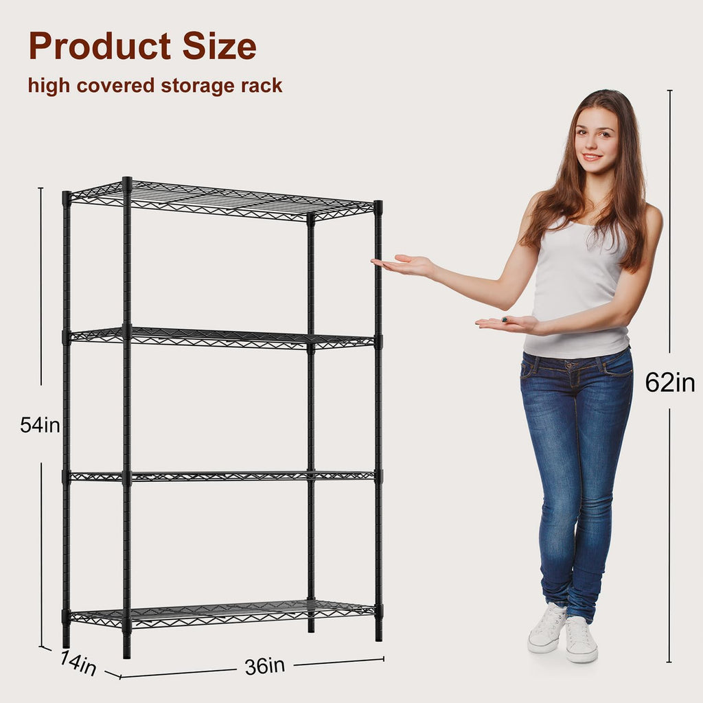 4-Tier Wire Storage Shelves | 36x14x54 | Black | with Adjustable Racks | Heavy-Duty Metal Shelf, Holds Upto 1000 lbs
