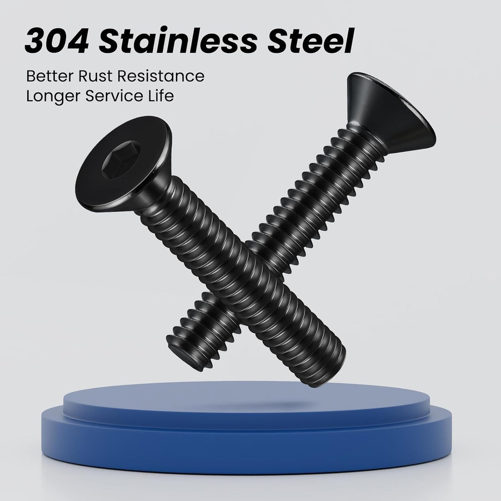 #6-32 Machine Screws, 100Pcs #6-32 x 1/2 Inch Flat Head Socket Cap Screws, 304 Stainless Steel 18-8 Countersunk Bolts, Black Zinc Finish, Full Thread (with Hex Spanner)
