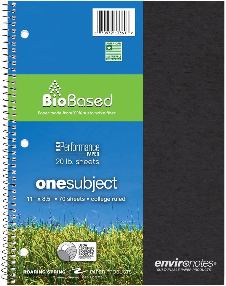 Environotes Recycled One Subject Spiral Notebook, Heavyweight College Ruled BioBased Paper, 11" x 8.5" 70 Sheets
