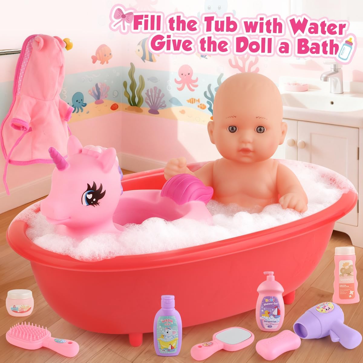 Baby Doll Bath Toys Set with Bathtub, 11" Baby Dolls, Rocking Chair,Swimming Ring, 2 Sets Baby Dolls Clothes and 15