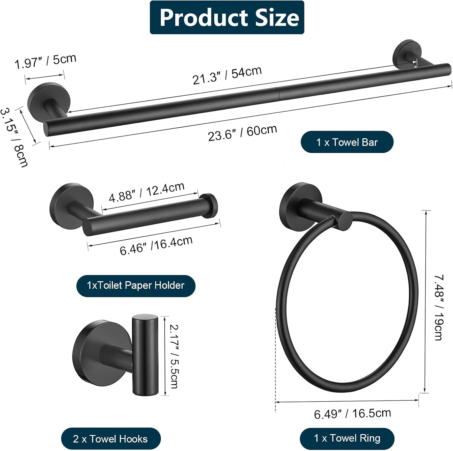 5-Piece Bathroom Hardware Set, Black SUS304 Stainless Steel Bathroom Accessories Kit, Includes 24" Towel Bar, Toilet