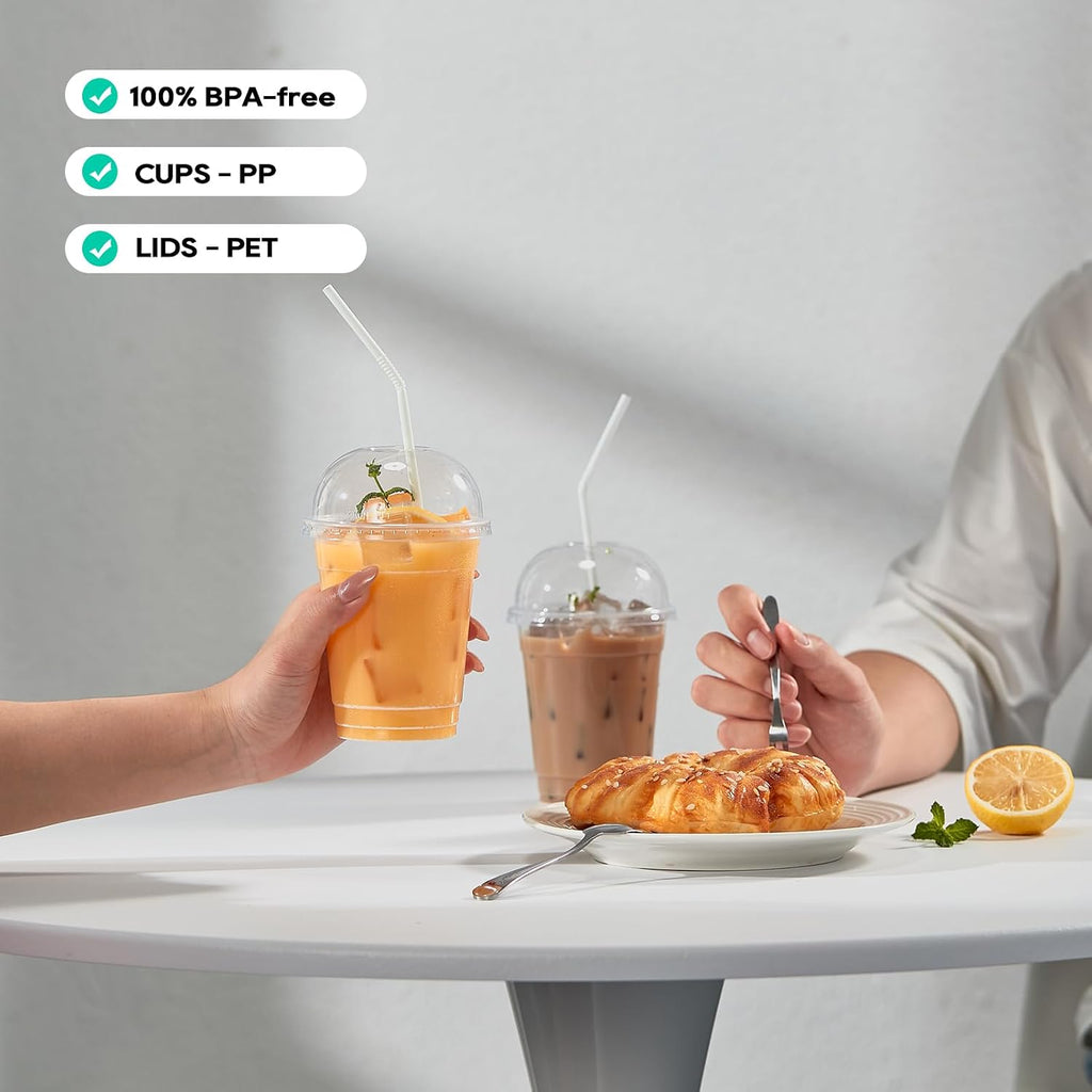 100 PACK 12 oz Clear Disposable Plastic Cups with Dome Lids