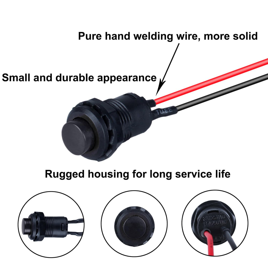 12-Pack 12mm Latching Push Button Switch AC 250V/1.5A 120V/3A ON-Off SPST Normal Open 1NO 2Pins with Pre-soldered Wires Small (12pcs Black Self-Locking)