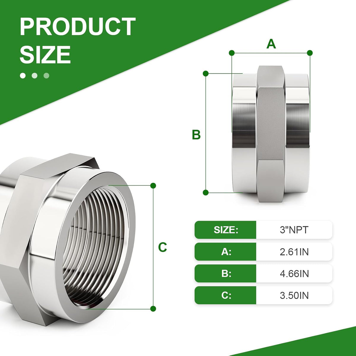 TAISHER 1PCS Forging of 304 SS Hex Coupling,3" NPT Female Pipe Fitting
