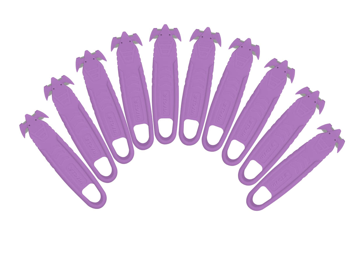 Safety Box Cutter Knife, Recessed SS Blade, 10-Pack, Purple