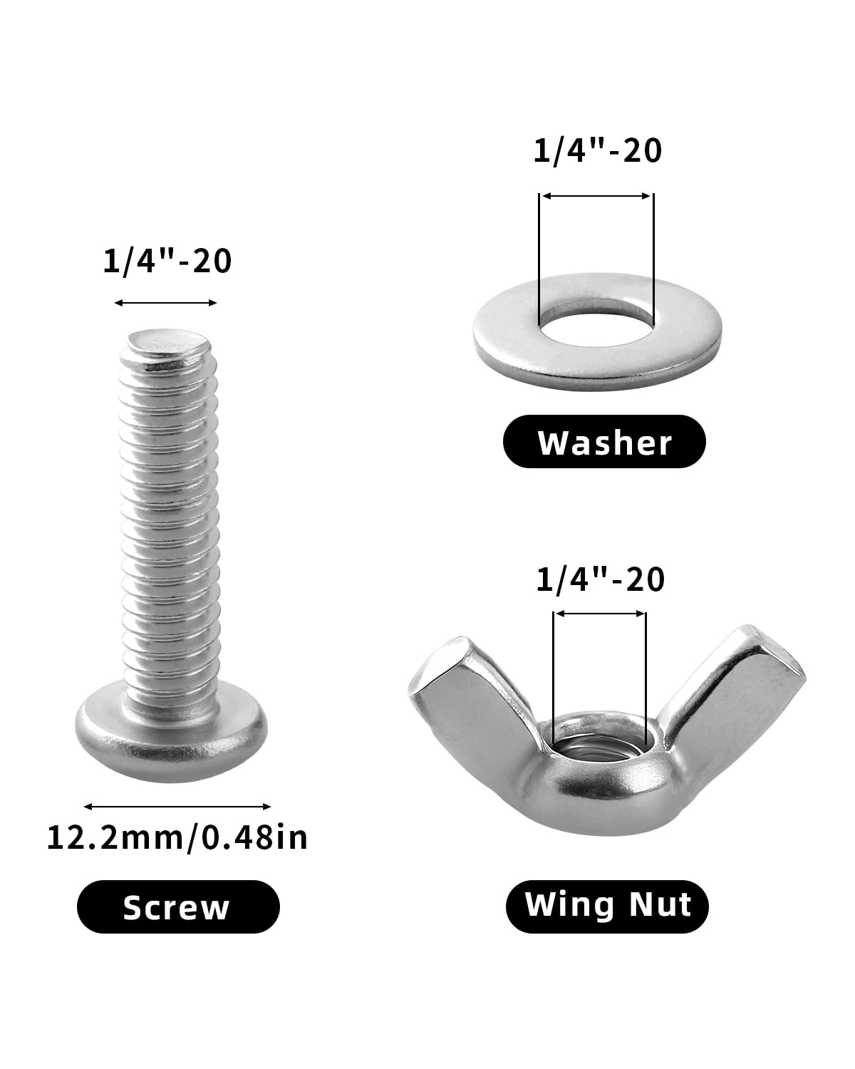 10 Sets 304 Stainless Steel 1/4"-20 x 1 Screws Bolts with Wing Nuts and Washers, Hardware Installation, Hand-Tighten