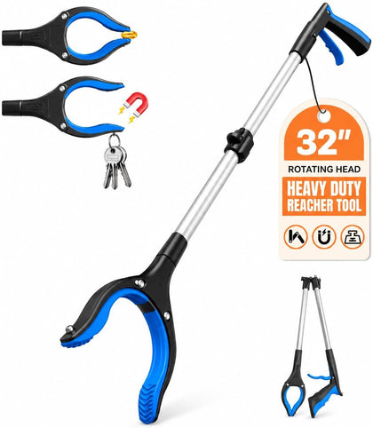 32" Grabber Reacher Tool, Foldable Reacher Grabbers Pickup Tool for Senior, Heavy Duty Upper Gripper, Wide Claw Trash