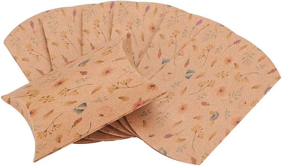 100 Pcs 3x2 Inch Vintage Kraft Paper Pillow Candy Packaging Box Flower Pattern Box Rustic Gift Boxes for Wedding