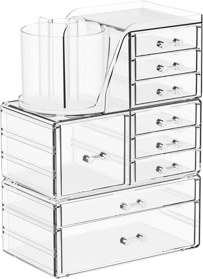 3 Pack Clear Acrylic Makeup Organizer for Vanity With 9 Drawer, Skincare Organizers Countertop With Make up Brush