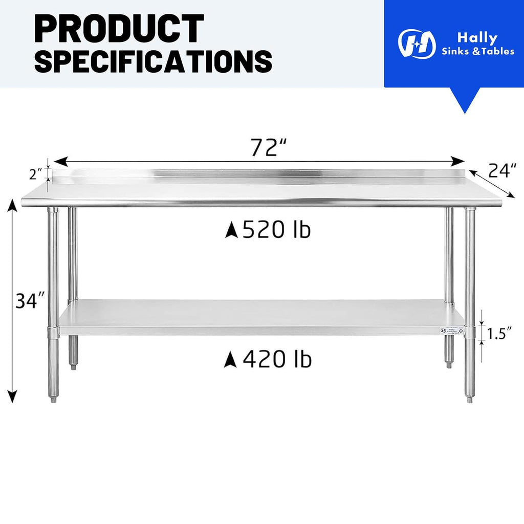 Hally Stainless Steel Table for Prep & Work 24" x 72" with Backsplash NSF