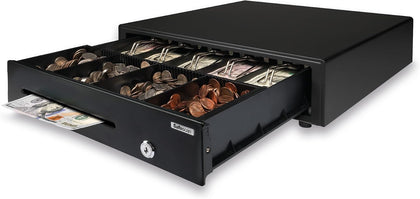 LD-4141 16" Black Heavy Metal Cash Register Drawer with 5 Bill/5 Coin Layout For POS, AdjustableTray with media slot