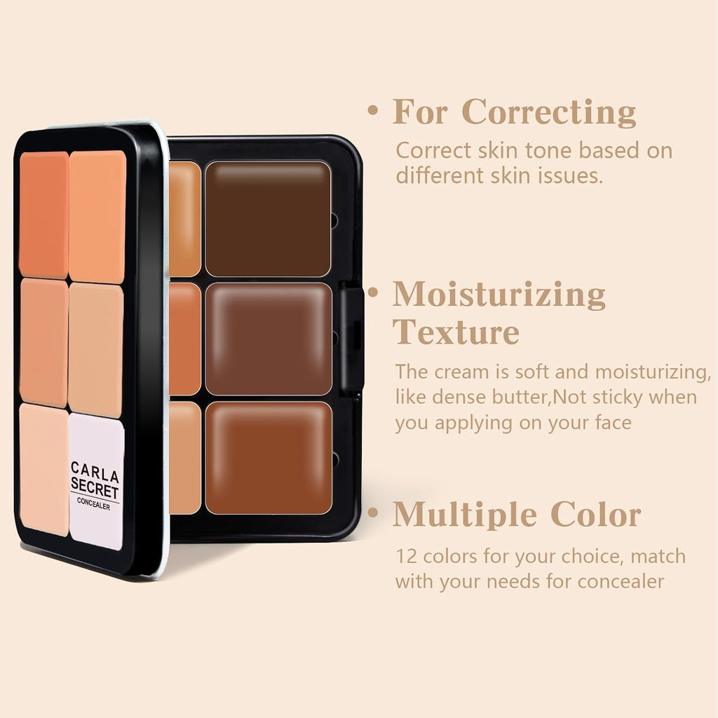 12 Colors Cream Concealer Foundation Palette, Long-Wearing Smudge Proof Blendable Full Coverage Cream Contour Blush
