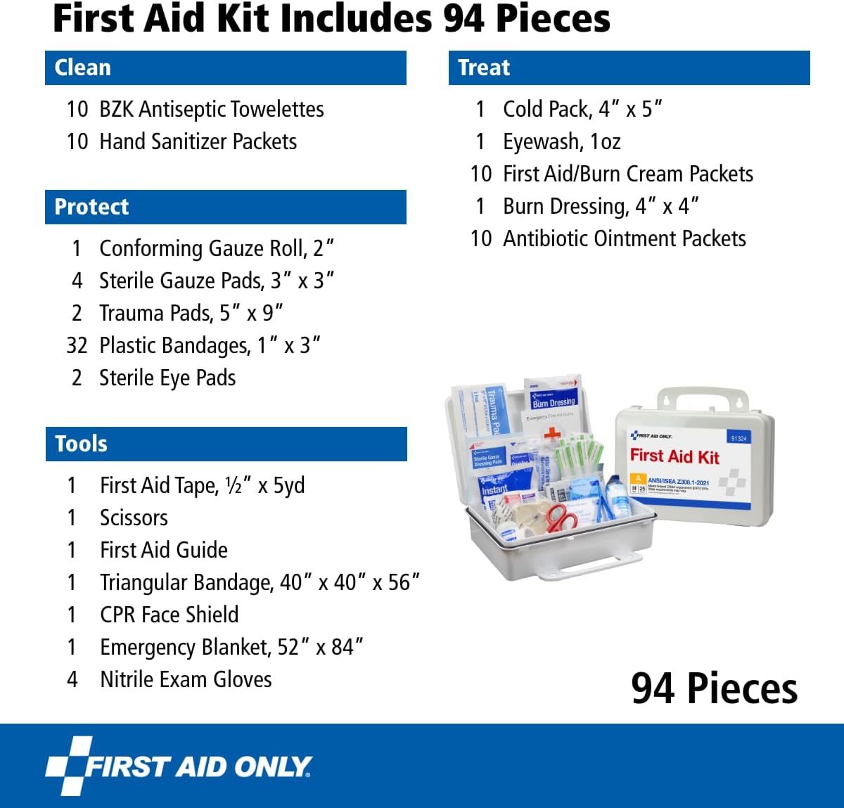 91324 ANSI A 2021 and OSHA Compliant First Aid Kit, 25-Person Emergency First Aid Kit for Business, Home, Car, and