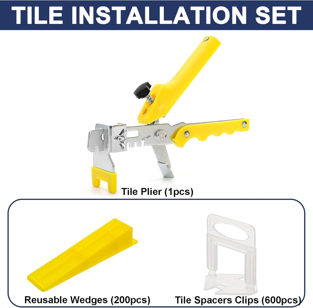 Tile Leveling System 1/8" Kit with 1pc Tile Plier, 600pcs Tile Spacers Level Clips, 200pcs Reusable Wedges for Wall