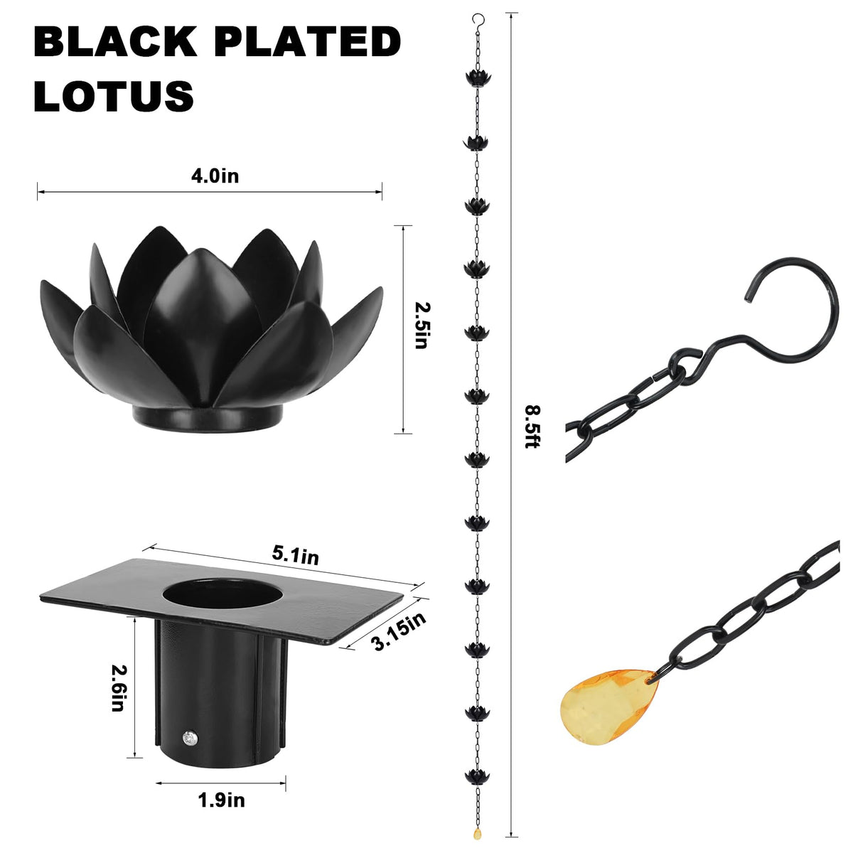 8.5ft Black Lotus Rain Chain for Gutter Downspout Outside
