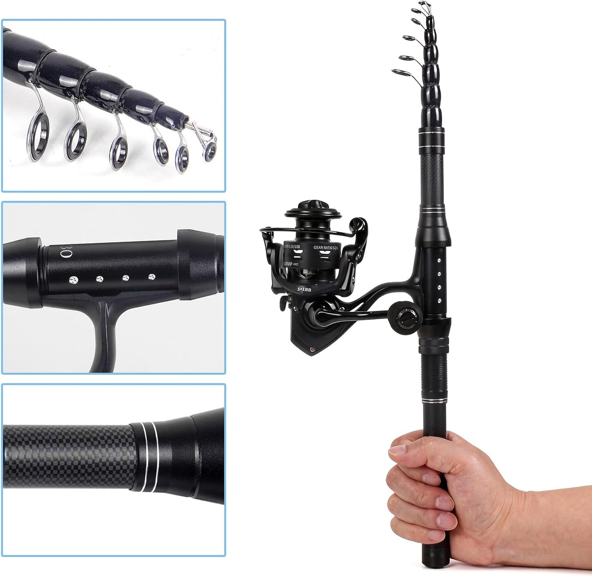 Telescopic Fishing Rod and Reel Combo, Carbon Fiber Collapsible Travel Fishing Pole Kit with Carrier Case & Lures