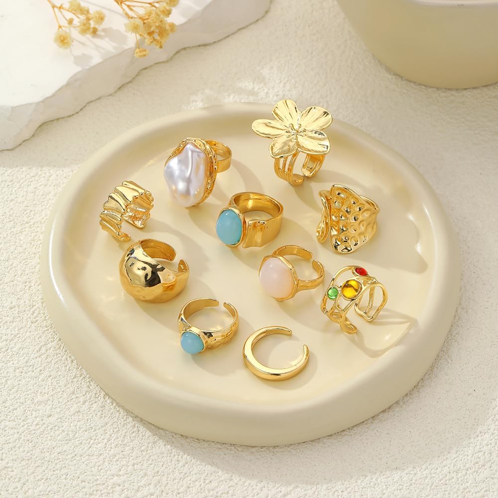 Chunky Gold Rings for Women Non Tarnish, Baroque Pearl Flower Tiger's Eye Stone Rings Adjustable Stacking Statement