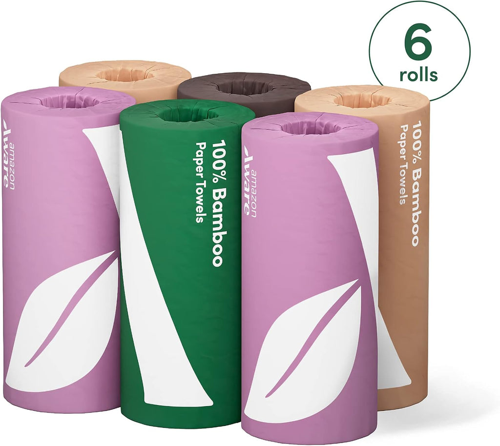 Bamboo Paper Towels, 6 Rolls, 2 ply, 150 Sheets, 900 Count, Plastic-Free, Multicolor