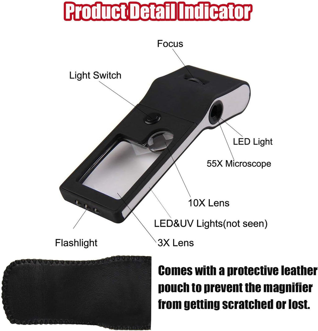 3X & 10X & 55X Jewelers Loupe, Pocket Handheld Magnifying Glass with Light | Plastic, triple lens microscope loupe