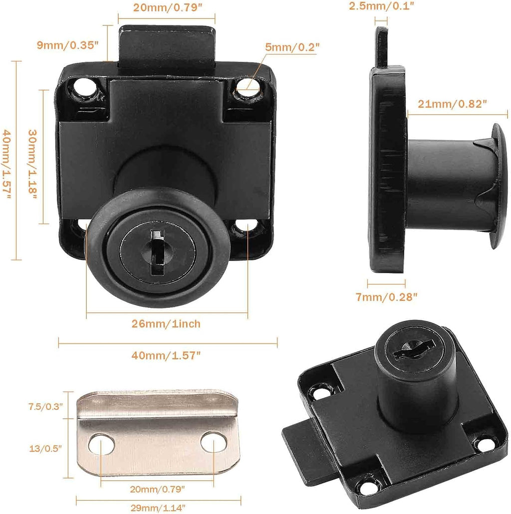 2 Pack Drawer Lock with Keys, Black Cylinder Cam Lock | Office Mailbox Lock, 17mm-22mm Fixing