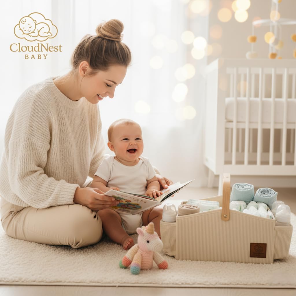 Diaper Caddy Organizer With Portable Changing Mat, LED Night Light, Wooden Handle & Shoulder Strap - Stylish Nursery