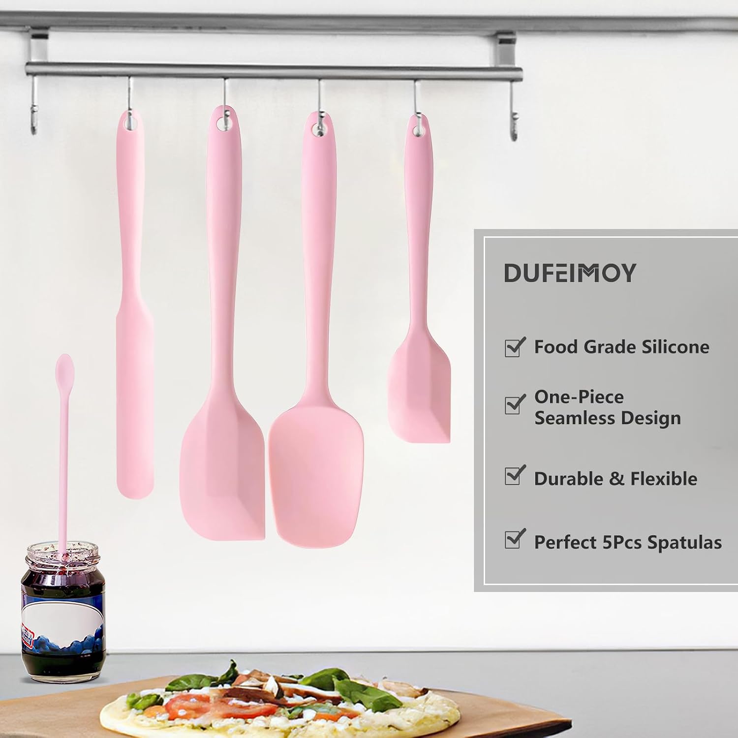 5 Piece Pink Silicone Spatula Set, Heat Resistant Rubber Spatulas Set, Silicone Kitchen Utensils Set Dishwasher Safe