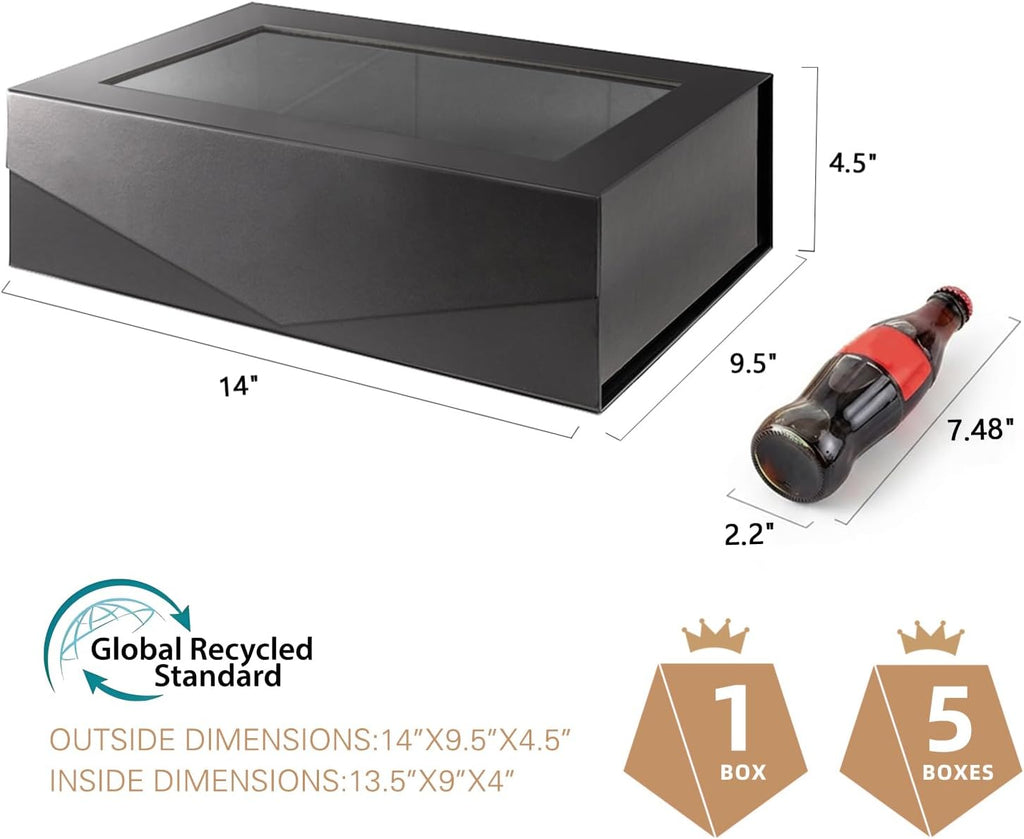 Large Black Magnetic Gift Box with Window, Ribbon 13.5x9x4.1 In
