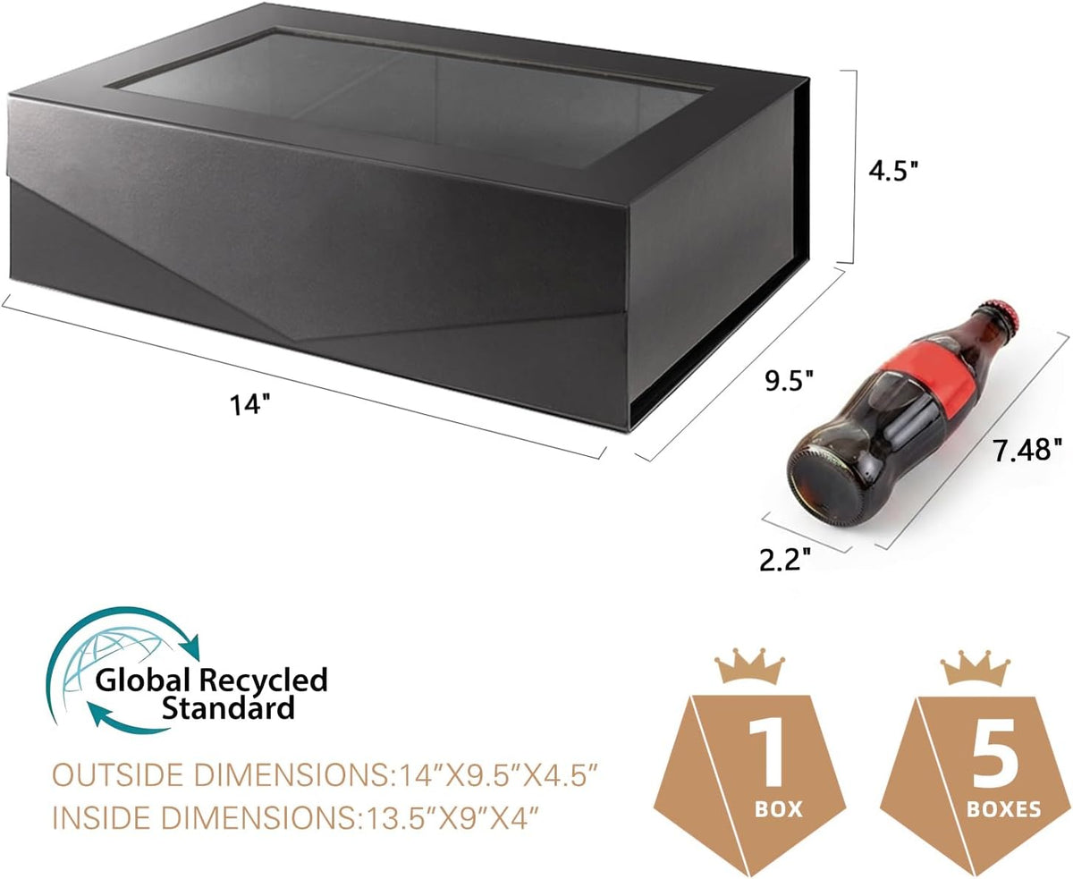 Large Black Magnetic Gift Box with Window, Ribbon 13.5x9x4.1 In