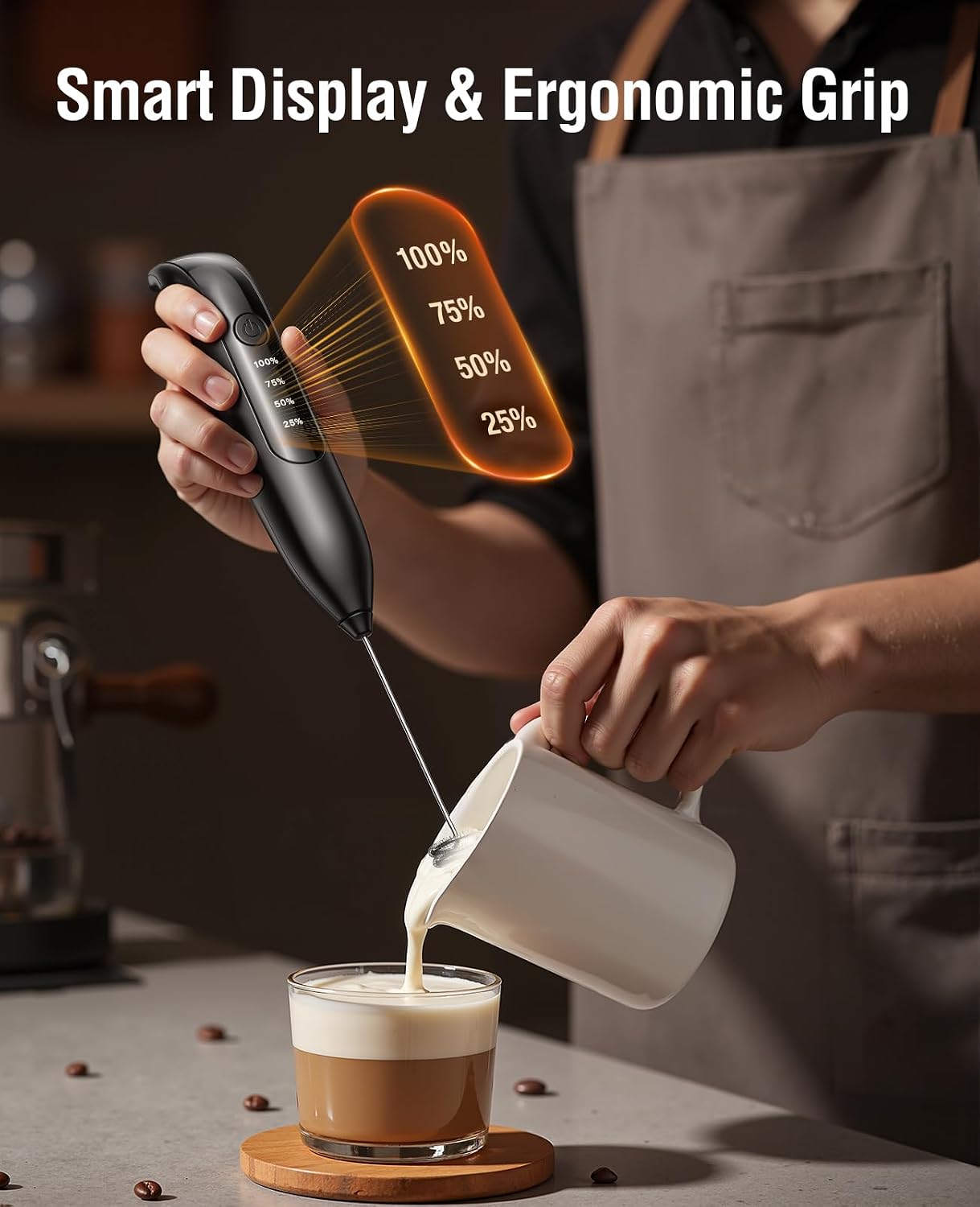 Electric Milk Frother: LED&Wireless Charging, 3 Heads 3 Speeds | Coffee Handheld Frother With 1800mAh 6-Hour Battery