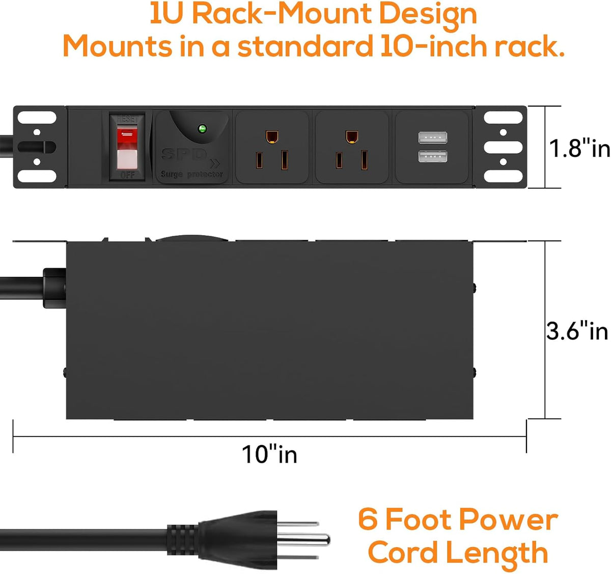 10 inch Rack PDU, 1U 6 Outlets(2 in Front, 4 in Back) Surge Protected,14AWG