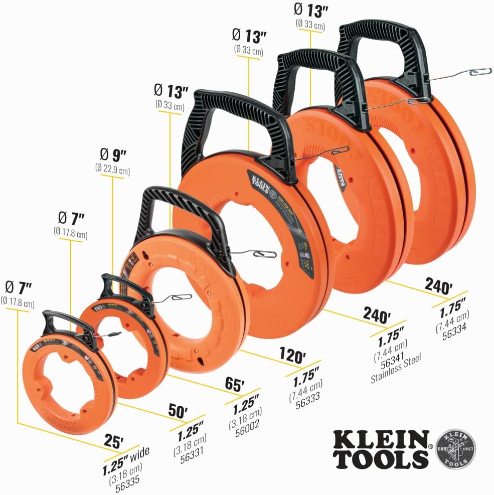 56333 Electrical Fish Tape, Steel Wire Puller with Double Loop Tip, Optimized Housing and Handle, 1/8-Inch x 120-Foot