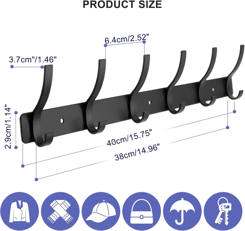Coat Rack Wall Mounted,6 Coat Hooks for Hanging Coats,Metal Double Hook Rack Hook Rail,Coat Rack with Hooks,Wall