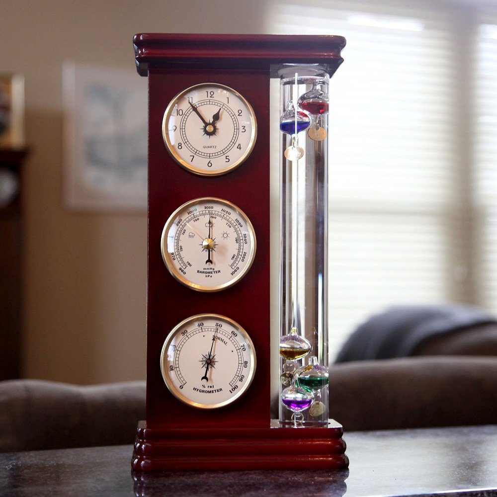 Analog Weather Station with Galileo Thermometer, Precision Quartz Clock (Gold), Barometer & Hygrometer, Gift for