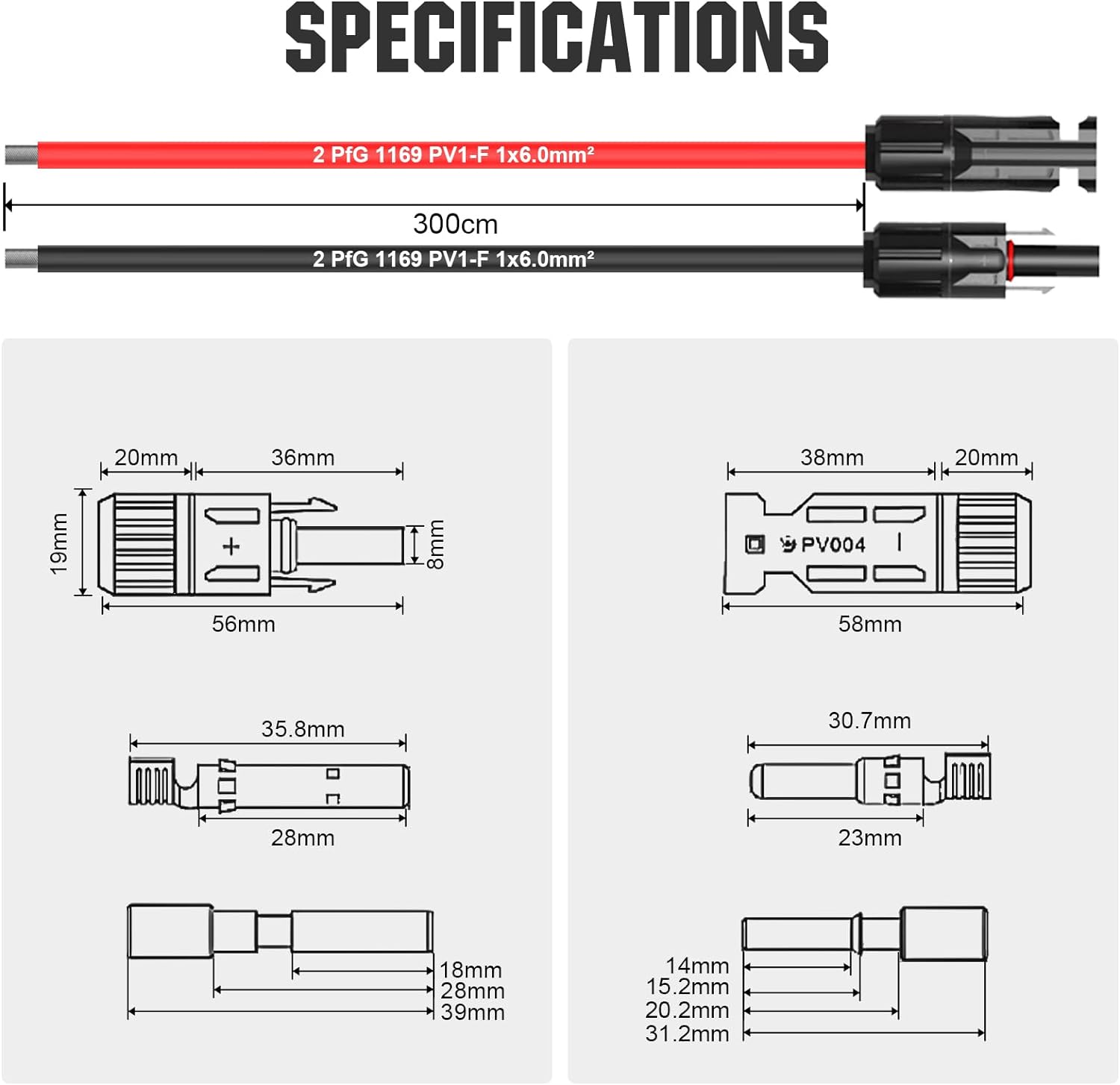 10FT 10AWG Solar Extension Cable 30A/1000V DC, IP67 Waterproof with Compatible Quick Connectors (Red+Black) for Solar
