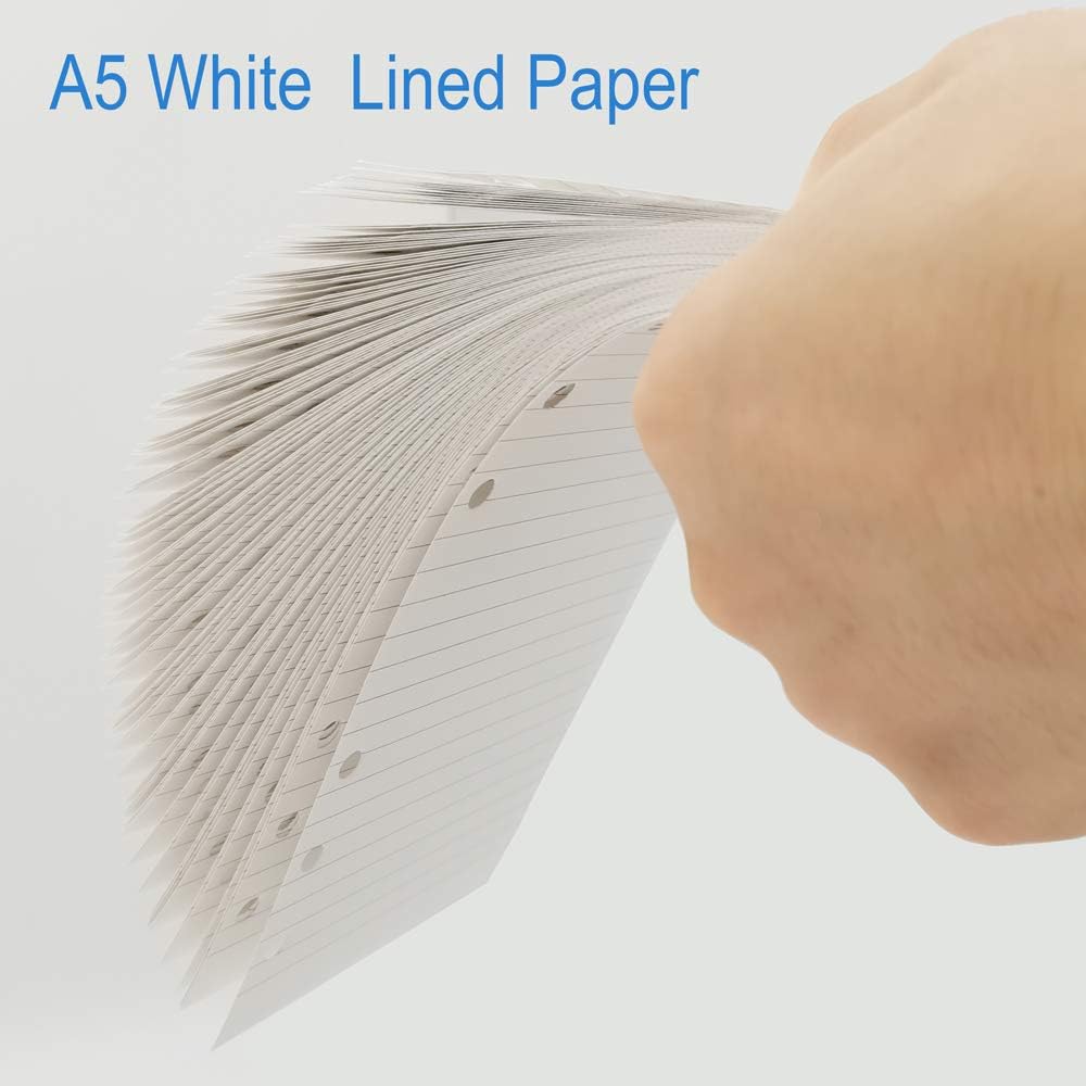 A5 Lined Paper, Refills for Filofax Planner, Organizer, Binders, 6 Hole Punched, 100 Sheets/200 Pages, 100gsm, White