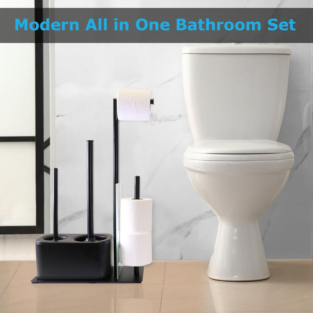 Modern Bath Set for Bathroom Organization, All in One Toilet Brush, Toilet Plunger, Toilet Paper Holder Stand and