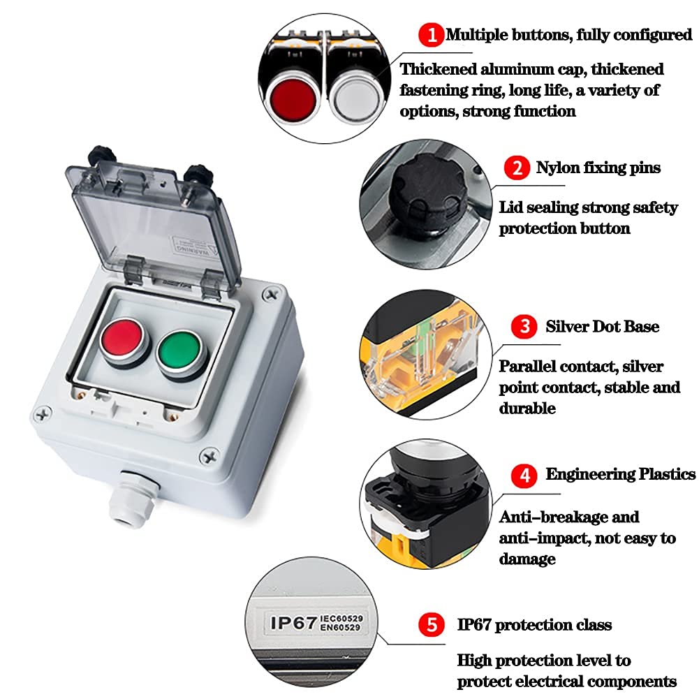 Red Stop Green Start Momentary Push Button Box IP67 22mm with Safety Cover