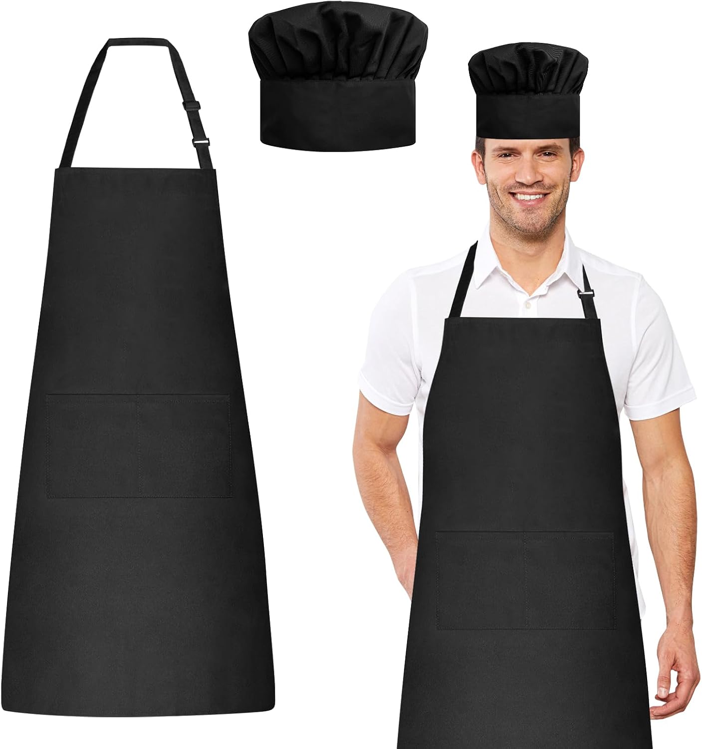 Chef Apron and Hat Set, Chef Hat and Kitchen Apron with Front Pockets for Adult