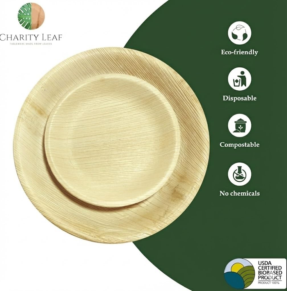 25-Pack 10" Round & 25-Pack 7" Round Disposable Bamboo Plates | Perfect for Parties, Weddings, and Catering Events