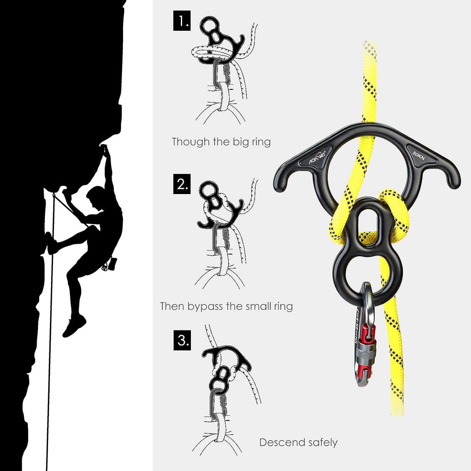 50KN Rescue Figure, 8 Descender Large Bent-Ear Belaying and Rappelling Gear Belay Device Climbing for Rock Climbing