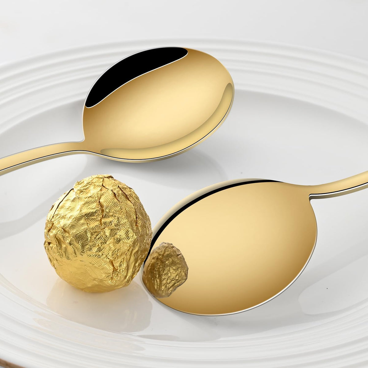 8-Piece Gold Soup Spoons Set, 7.4 Inch Stainless Steel Round Spoon, Mirror Polished Gold Kitchen Silverware Spoons