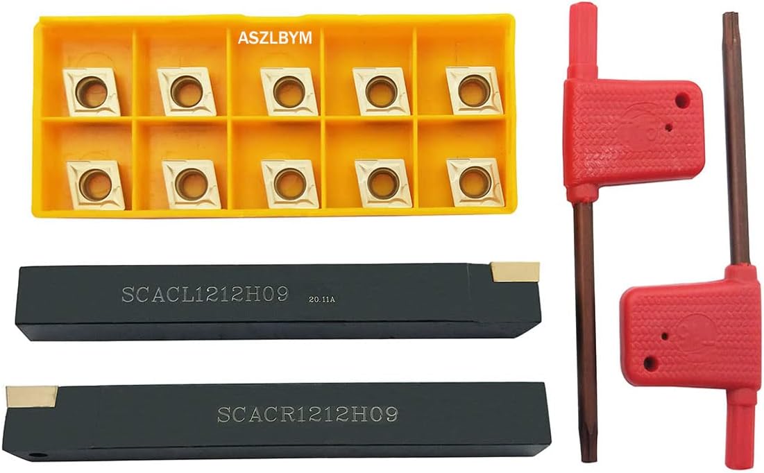 1/2"/12mm Shank Indexable Carbide Turning Tool Insert Holder Set 2pcs SCACR1212H09 SCACL1212H09 Metal Lathe Cutting Tools with 12pcs CCMT32.51 CCMT09T304 Indexable Carbide Turning Insert Blade