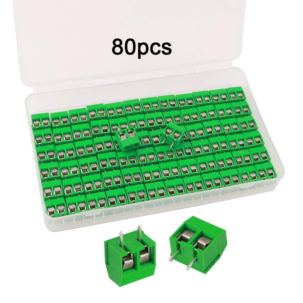 FULARR 80Pcs Premium 2 Position 2 Pin Plug-in PCB Terminal Block, 5.08mm Pitch PCB Mount Screw Terminal Block Connector (300V / 10A, Green)