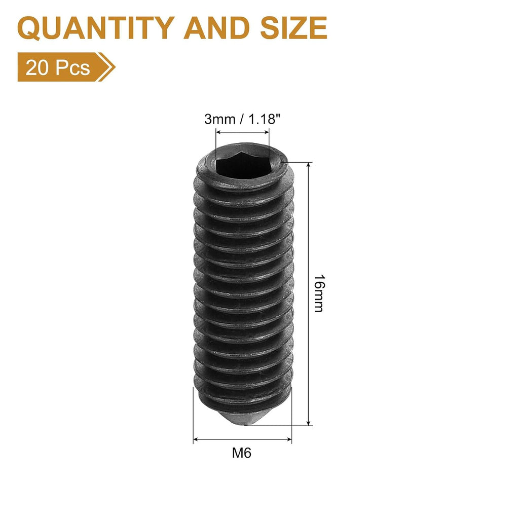 uxcell 20Pcs Set Screws M6x16mm Carbon Steel Cone Point Hex Socket