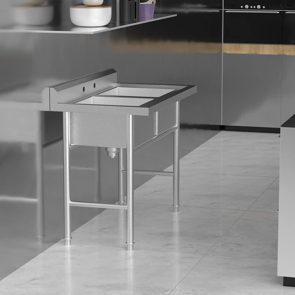Commercial 304 Stainless Steel Sink 2 Compartment Free Standing Utility Sink for Garage, Restaurant, Kitchen, Laundry