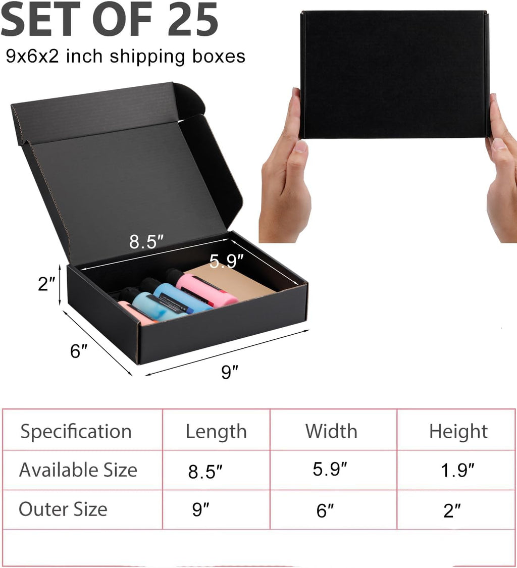 9x6x2 inch Black Shipping Boxes for Small Business- Set of 25